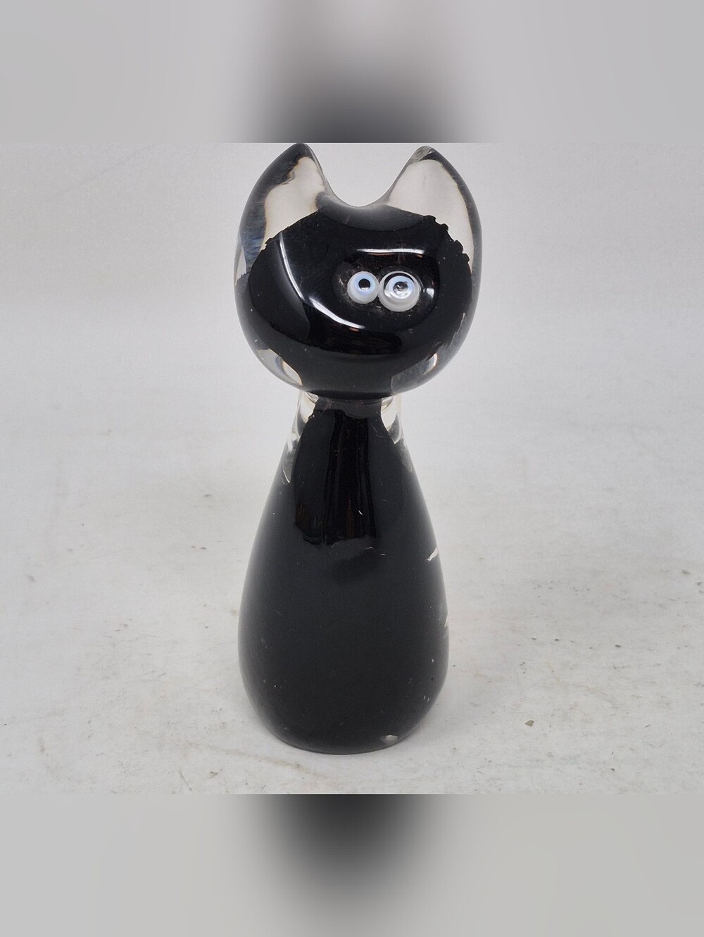 Black And Clear Art Glass Cat With Googly Style Eyes